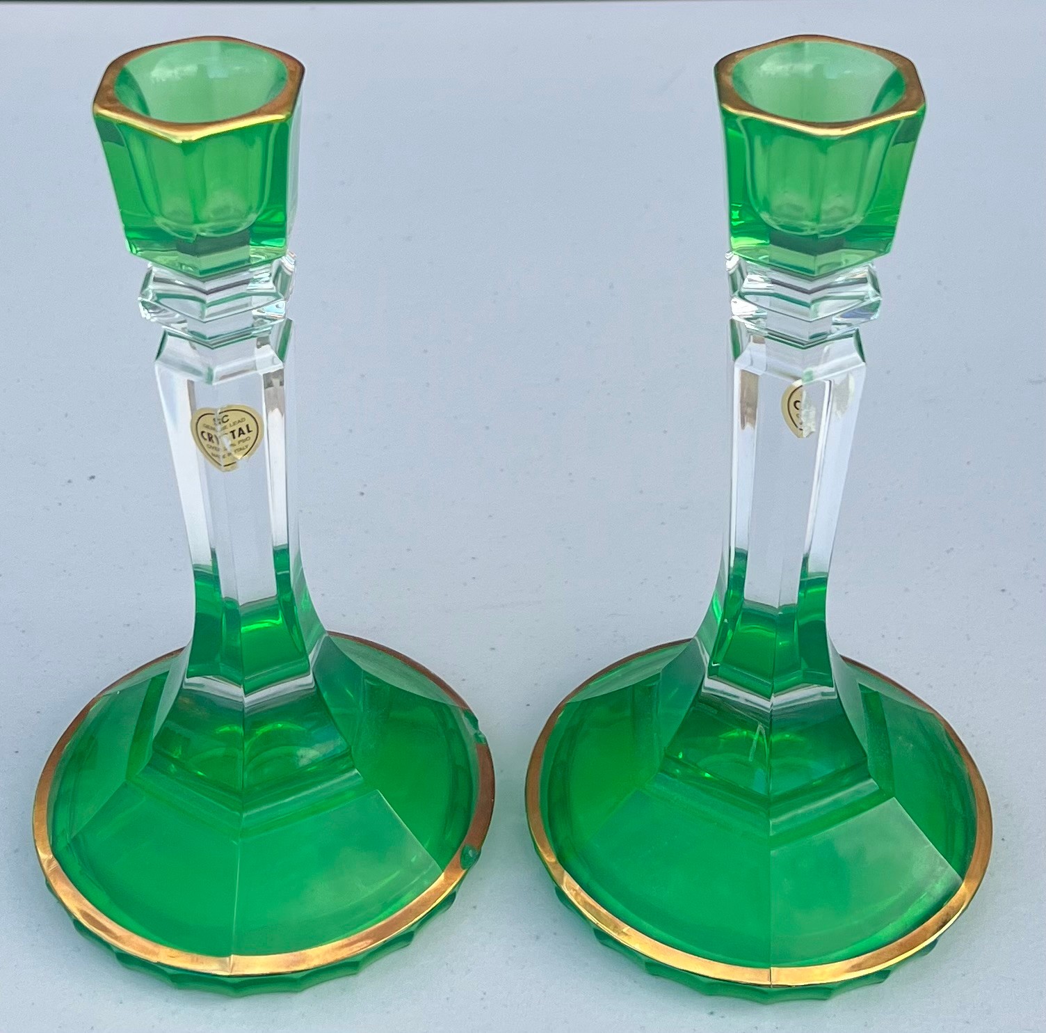 Sc Line Italy Pair Of SC Line Italy Green And Clear Lead Crystal Candle Holders (As ...
