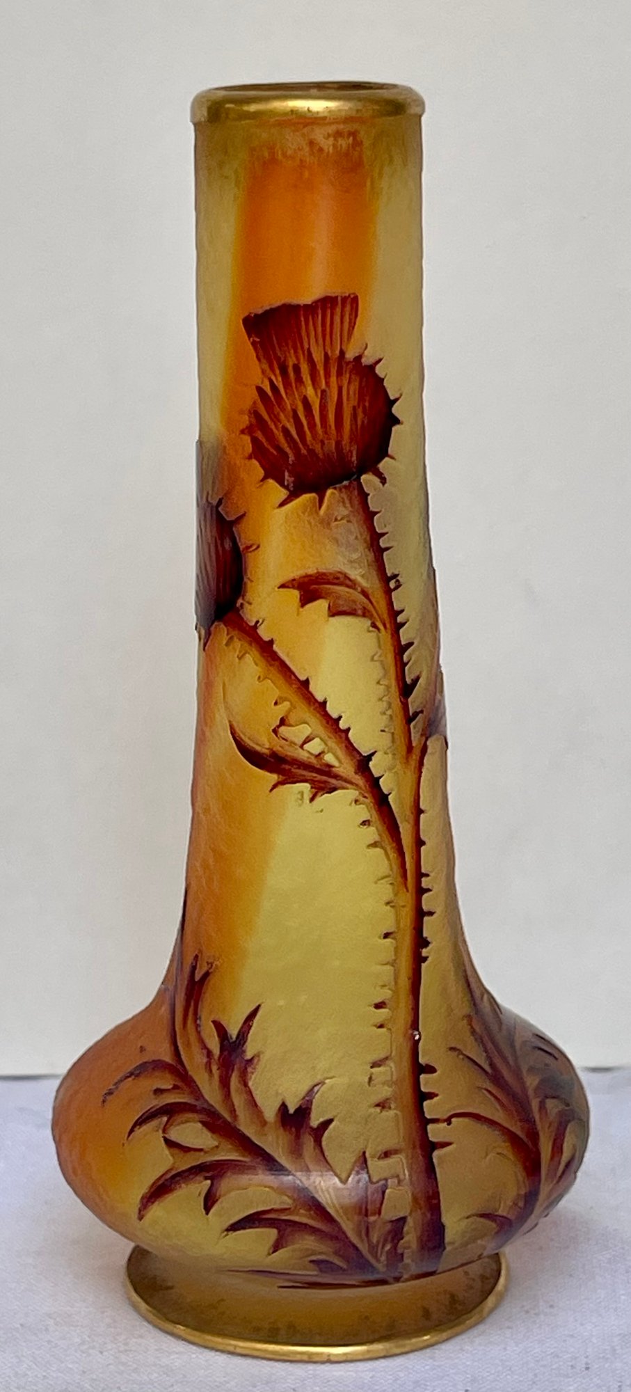 Antique Miniature Daum Nancy Thistle Cameo Glass Vase Signed
