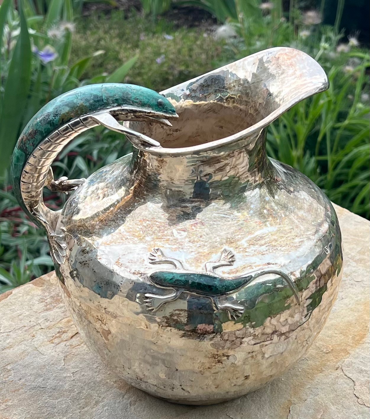 Emilia Castillo Silver Plated Hammered Pitcher With Green Stone