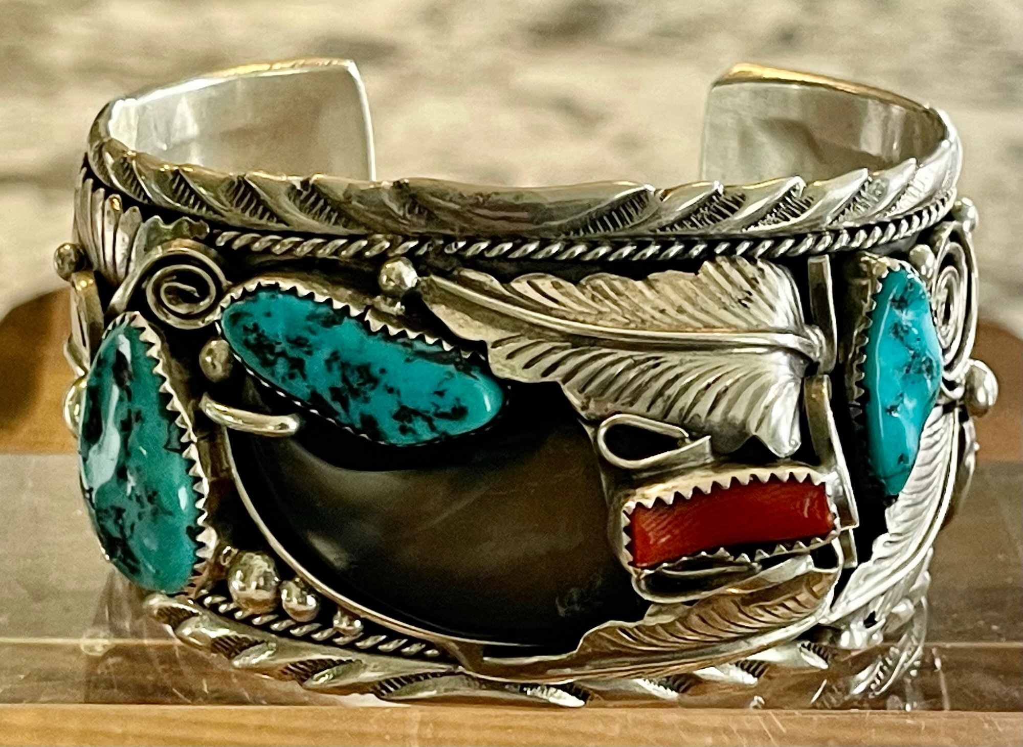 Vintage Navajo M Thomas Jr. Sterling Silver Cuff Bracelet - Bear