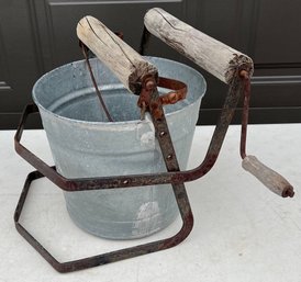 Vintage Galvanized Mop Bucket With Wooden Rollers Display Only