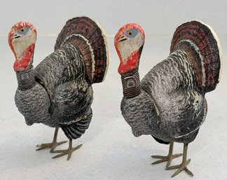 (2) Antique Paper Mache Turkey Candy Containers With Metal Spring Necks