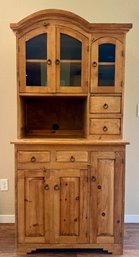 Rustic Pine Hutch With Glass Door Fronts And Metal Ring Pulls
