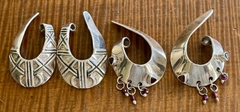 42.6 Grams (2) Pairs Of Sterling Silver & Garnet Handmade Cuff Earrings