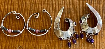 31.3 Grams (2) Pairs Of Sterling Silver Handmade Cuff Earrings With Faceted Amethyst & Beads