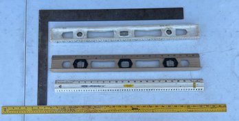 (3) 24' Levels, Yard Stick, And Vintage Metal Square