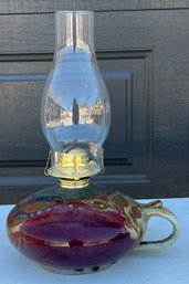 Hand Made Glazed Multi Color Studio Pottery Oil Lamp With Glass Hurricane