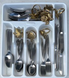 Small Lot Of Assorted Stainless Silverware And Gold Tone Rose And Teapot Napkin Rings