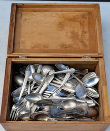 Vintage Wooden Dovetail Box Full Of Assorted Silver Plate And Stainless Flatware