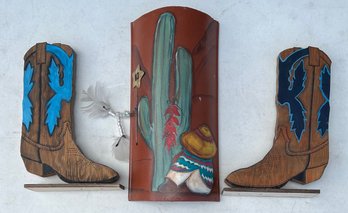 Celadon Co. Painted Imperial Tile And A Pair Of Folk Art Wooden Cowboy Boots