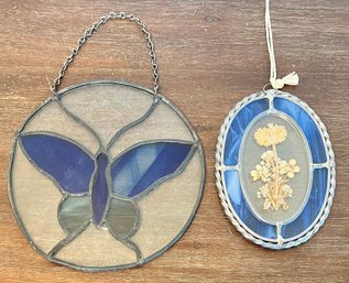 Small Stained Glass Butterfly With Chain And A Blue Stained Glass Pressed Flowers