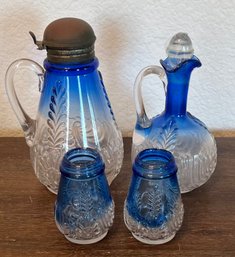 Vintage Cobalt And Clear Art Glass Set - Pitcher With Metal Lid, Cruet, And Salt And Pepper
