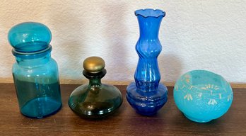 (4) Pieces Of Art Glass - Blue Belgium Lidded Battle, 8' Cobalt Vase, Green After Shave Bottle, Fenton Bowl