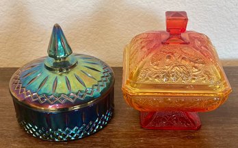 (2) Lidded Glass Dishes - Carnival And Amberina