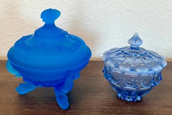 Vintage Westmoreland Shell Frosted Cobalt Lidded Dish And A Small Blue And Clear Fenton Lidded Candy Dish