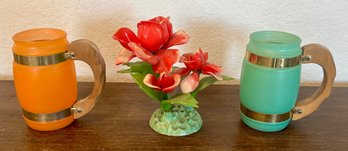 MCM Hong Kong Celluloid Roses And (2) Siestaware Frosted Barrel Mugs With Wood Handles