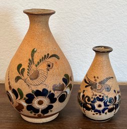 (2) Hand Painted Signed Mexico Tonala Sand Stone Finish Vases