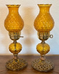 Vintage Pair Of Amber Glass Electric Hurricane Lamps