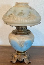 Antique Hand Painted Milk Glass Oil Lamp With Brass Lion Base ( As Is )