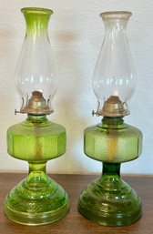 Pair Of Vintage Green Glass Oil Lamp With Hurricanes