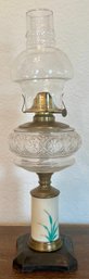 Antique Hand Painted Oil Lamp With Metal Base And Hurricane