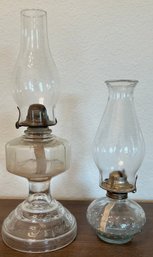(2) Vintage Clear Glass Oil Lamps With Hurricanes - 1 With Hobnail Base