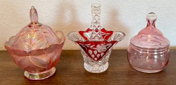Lidded Iridescent Lidded Carnival Glass Candy Dish, Ruby Red And Clear Basket, & Pink Etched Glass Dish