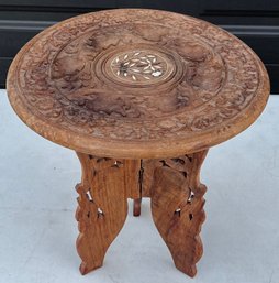 Vintage Small Carved Wood Plant Stand With Inlay India