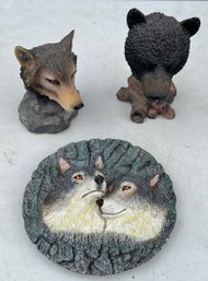 Resin Wolf Wall Hanging And Sculpture And A Small Resin Bear