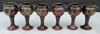 Set Of (6) Hand Made Glazed Studio Pottery Stemmed Cups