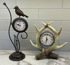 (2) Decorative Battery Powered Clocks - Quartz Faux Antlers And Maple's Metal Bird