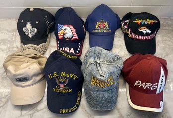 (8) Assorted Snap Back And Velcro Hats - US Navy, Broncos, USA, And Advertising