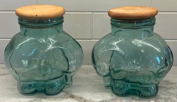 Pair Of Glass Elephant Canisters With Wooden Lids