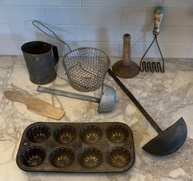 Vintage And Antique Kitchenware - Ladle, Muffin Tin, Sifter, And More