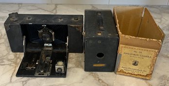 (2) Vintage Cameras - Ansco No. 2A Box Camera, Kodak Browny Folding Shutter Camera