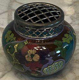 Signed Gouda Holland Floral Motif Glazed Vase With Metal Lid (as Is)