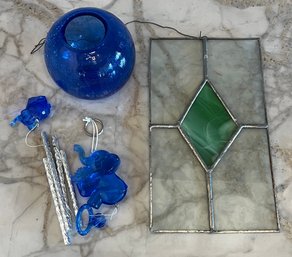 Small Stained Glass Wall Hanging, Crackle Glass Blue Vase,  And A Plastic Elephant Chime