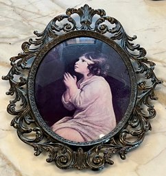Vintage Girl Praying Print With Ornate Convex Glass Front Frame