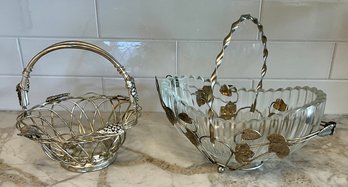Lily Pad And Grape Motif Metal Wire Baskets - (1) With Heavy Glass Bowl