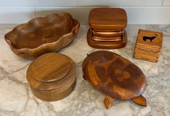 Wood Lot - Hand Made Bowls, Lidded Turtle, Wolf Box