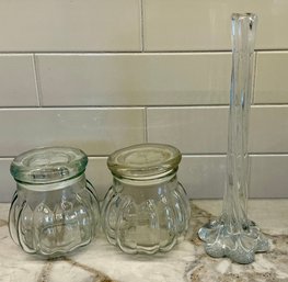 Vintage Art Glass 11.5' Bud Vase And (2) Mexico Glass Rose Canisters With Lids