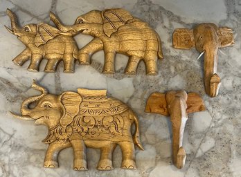 (4) Vintage Wooden Elephant Wall Hangings Indonesia And India