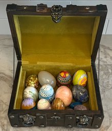 Decorative Wooden Nail Head Trim Box With Ceramic, Alabaster, And Paper Mache Eggs