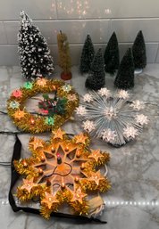 Christmas Bottle Brush Trees - (5) Dept 56, And (3) Small Vintage Lighted Wreaths