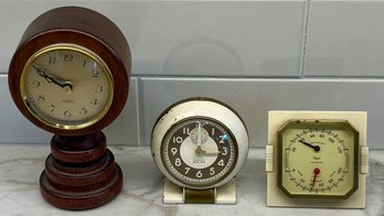 Vintage Westclox Baby Ben Alarm Clock, Taylor Humidiguide, And A Wooden Quartz Clock