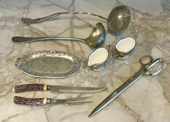 (2) Silver Plate Ladles, Stag Handle Fork And Knife, Clippers, EP Zinc Silver Plate Creamer Set