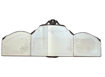 Gorgeous Art Deco 3 Panel Beveled Mirror With Carved Wood Trim