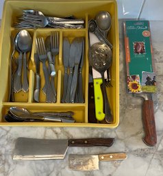 Assorted Kitchenware - Pioneer Woman 8' Chef's Knife, Stainless Silverware, Tray