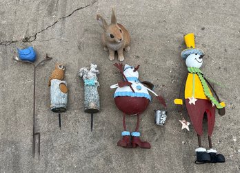 Yard Art Lot - Metal Snowmen, Resin Bunny, Squirell, And Owl, And Bird With Metal Stand