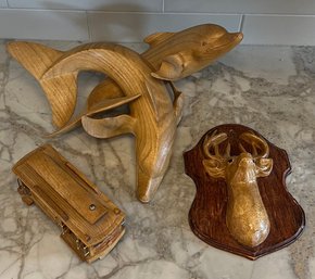 San Francisco Wood Musical Train, Wooden Dolphins (as Is), Ceramic Deer Wall Hanging